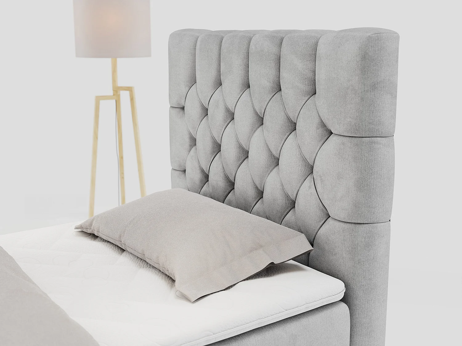 Boxspringbett PERA - Einzelbett mit Kopfstütze, Polsterbett, Multipocket-Matratze, genähtes Kopfteil - 90x200 cm - H3 - Hellgrau Velvet - Rechts Seite