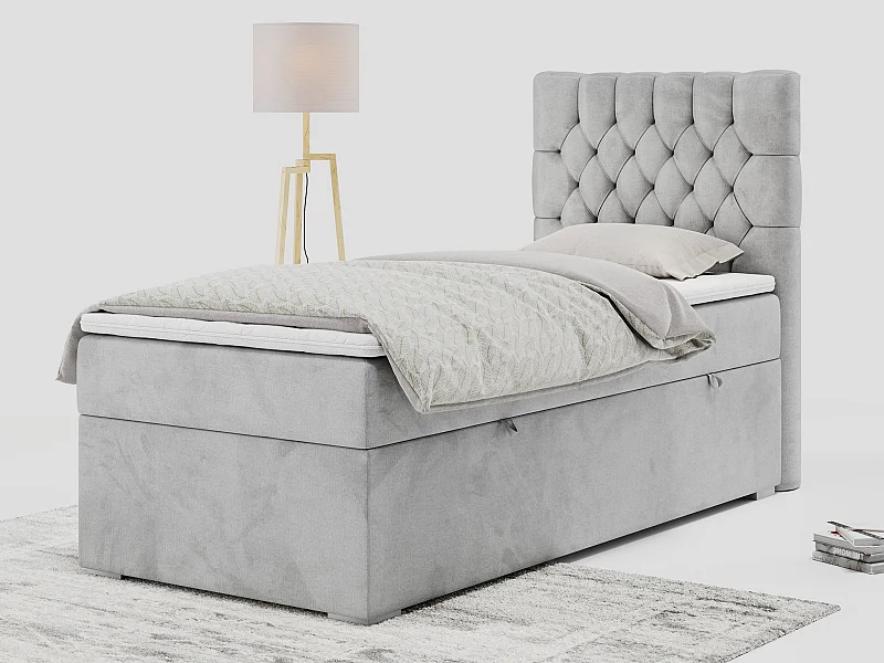 Boxspringbett PERA - Einzelbett mit Kopfstütze, Polsterbett, Multipocket-Matratze, genähtes Kopfteil - 90x200 cm - H3 - Hellgrau Velvet - Rechts Seite
