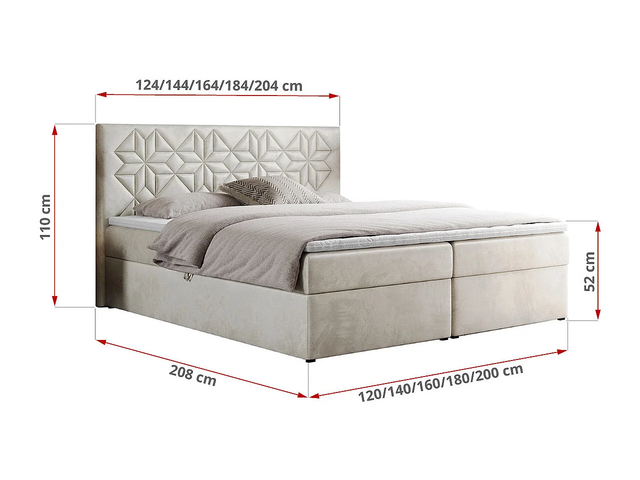 Boxspringbett LEILA - gestepptes Kopfteil,  7 Härtezonen Multipocket-Matratzen, Doppelbett mit Bettkästen - 200x200 cm - H3 - Beige Velvet