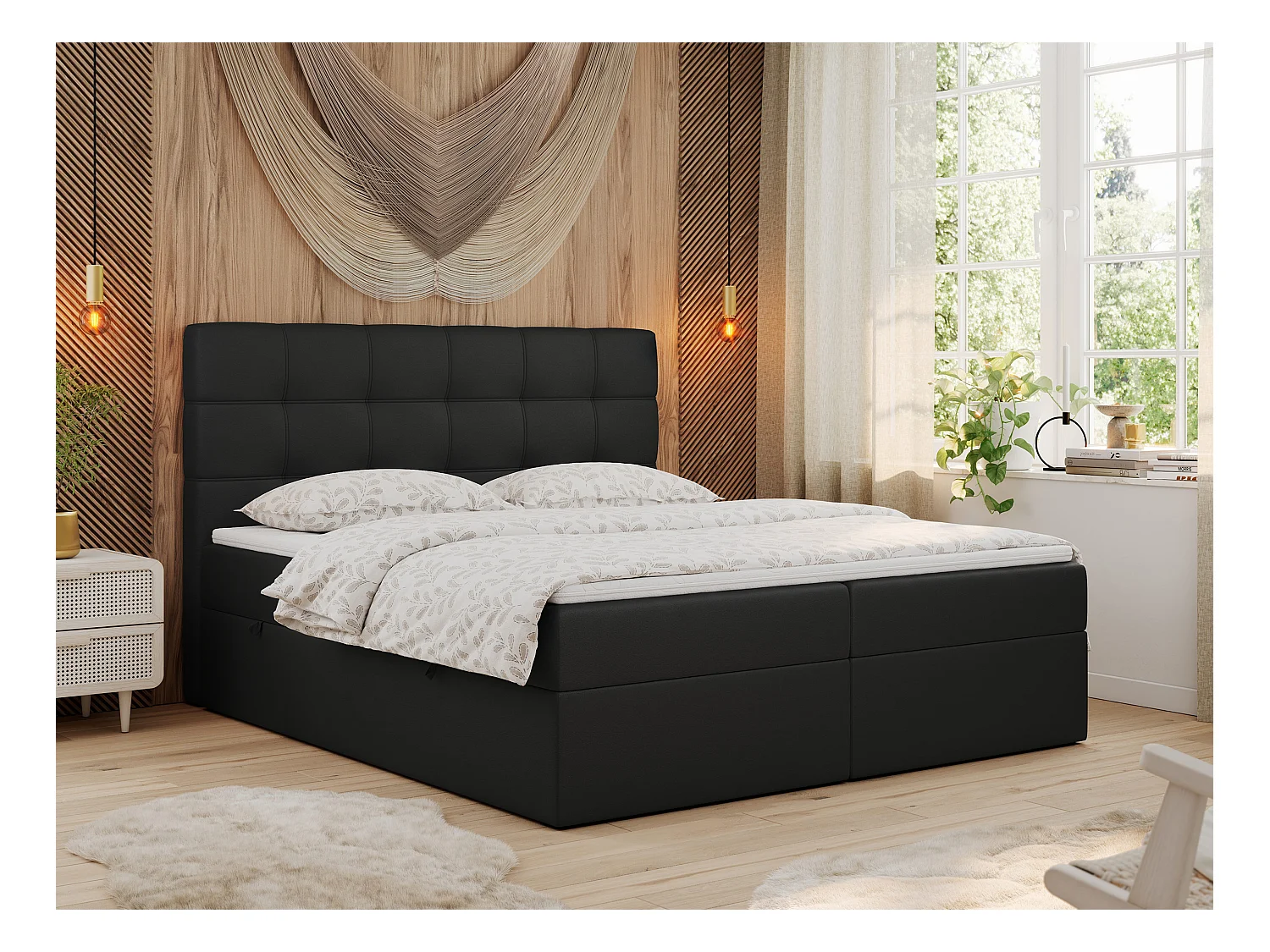 Boxspringbett ERNI - mit gestepptem Kopfteil, Polsterbett, Multipocket-Matratze und Topper, Bettkästen - 200x200 cm - H3 - Schwarz Kunstleder