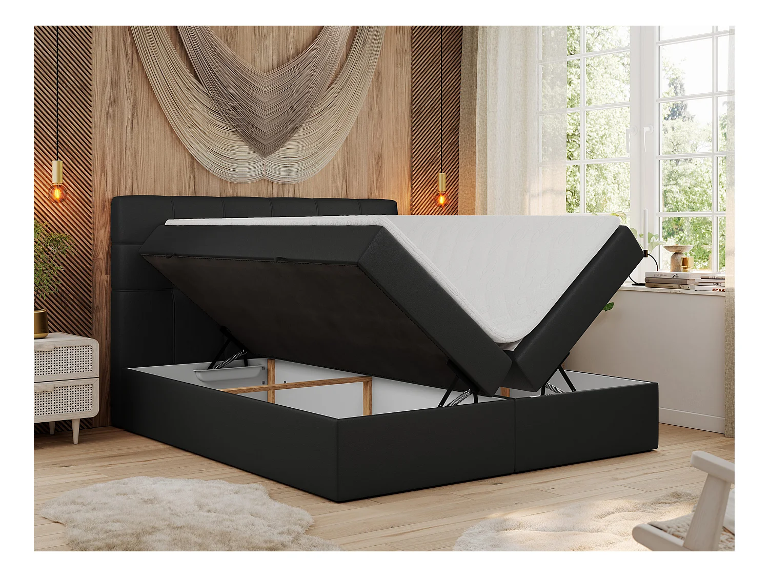 Boxspringbett ERNI - mit gestepptem Kopfteil, Polsterbett, Multipocket-Matratze und Topper, Bettkästen - 200x200 cm - H3 - Schwarz Kunstleder