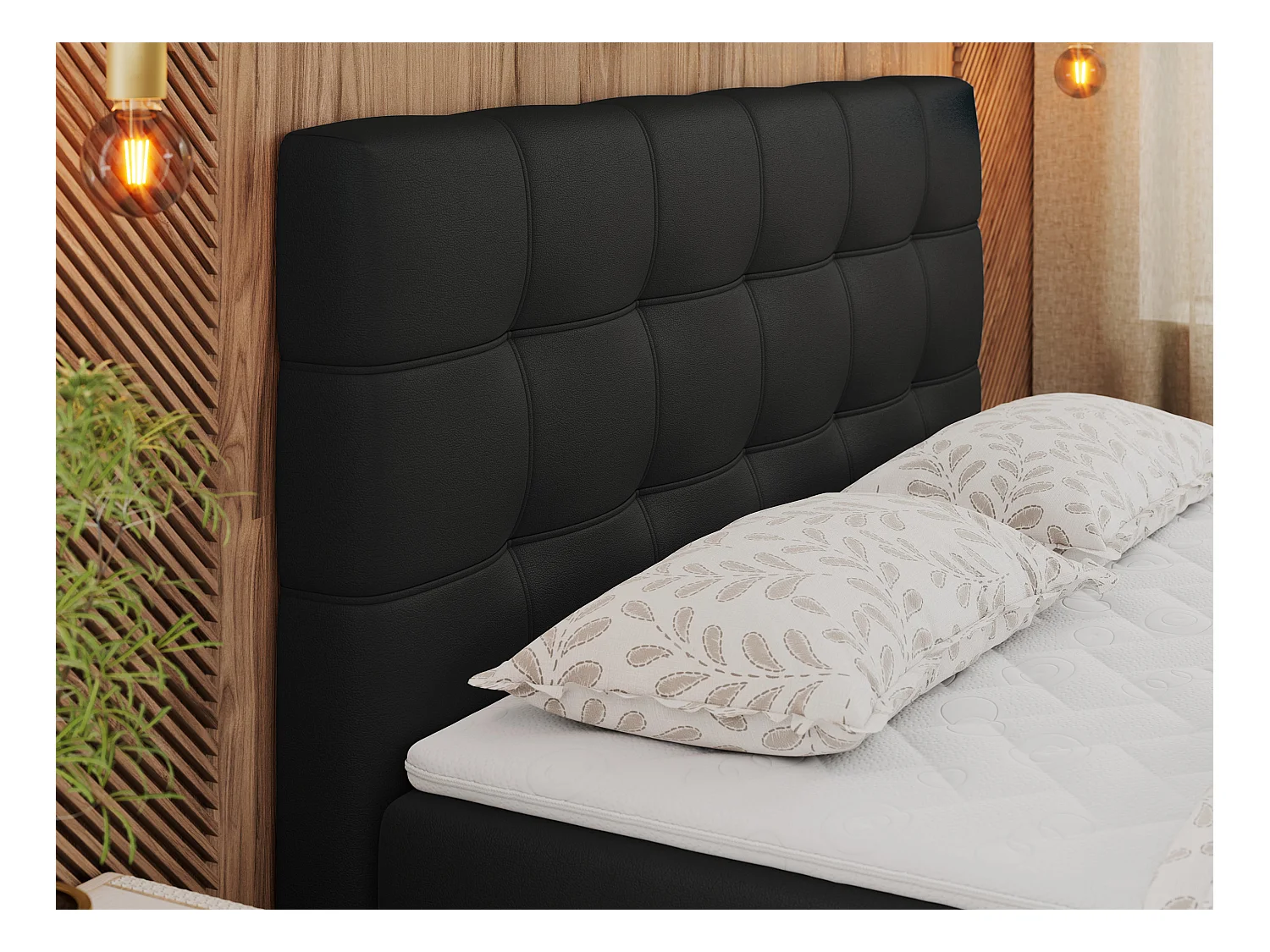 Boxspringbett ERNI - mit gestepptem Kopfteil, Polsterbett, Multipocket-Matratze und Topper, Bettkästen - 200x200 cm - H3 - Schwarz Kunstleder