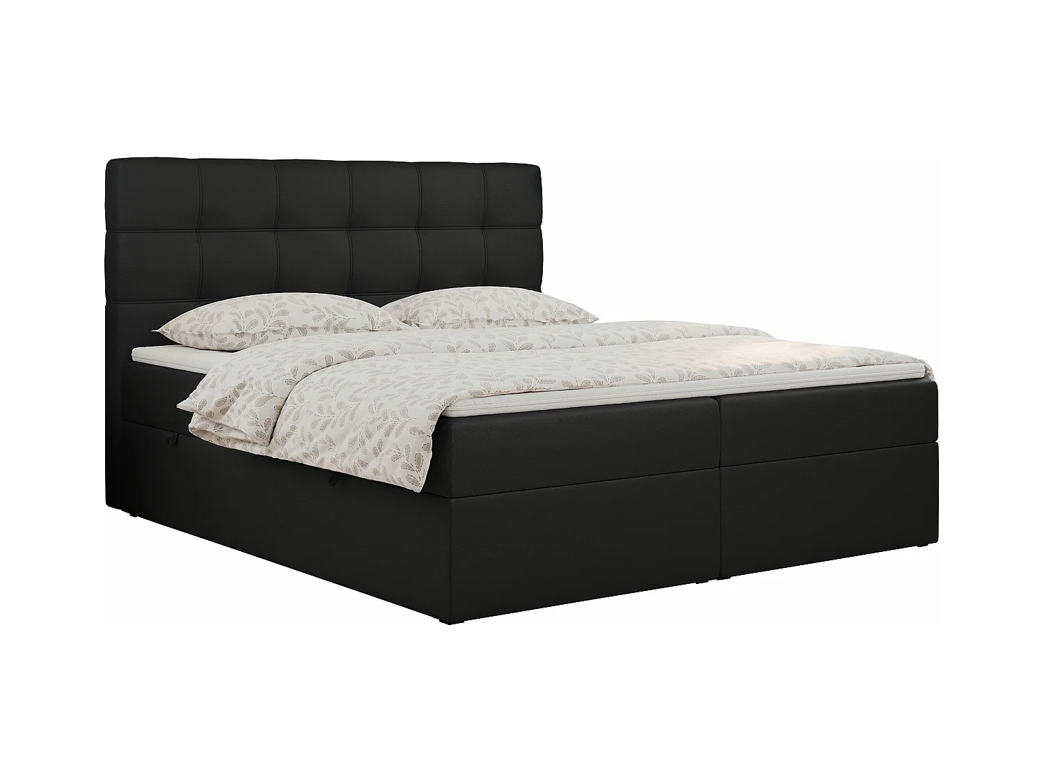 Boxspringbett ERNI - mit gestepptem Kopfteil, Polsterbett, Multipocket-Matratze und Topper, Bettkästen - 200x200 cm - H3 - Schwarz Kunstleder
