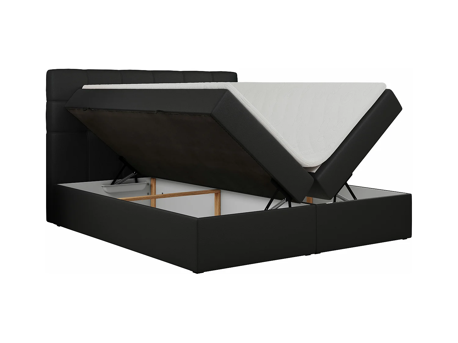 Boxspringbett ERNI - mit gestepptem Kopfteil, Polsterbett, Multipocket-Matratze und Topper, Bettkästen - 200x200 cm - H3 - Schwarz Kunstleder