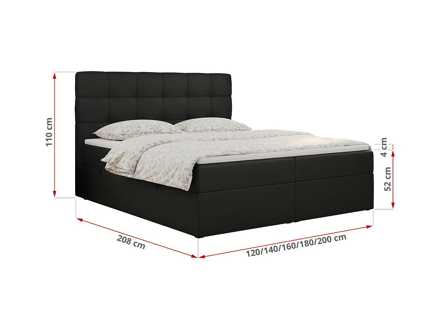 Boxspringbett ERNI - mit gestepptem Kopfteil, Polsterbett, Multipocket-Matratze und Topper, Bettkästen - 200x200 cm - H3 - Schwarz Kunstleder