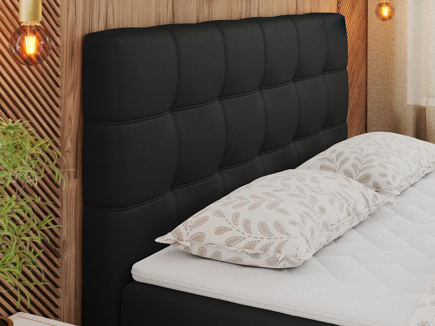 Boxspringbett ERNI - mit gestepptem Kopfteil, Polsterbett, Multipocket-Matratze und Topper, Bettkästen - 200x200 cm - H3 - Schwarz Kunstleder