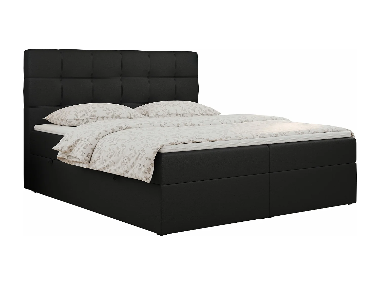Boxspringbett ERNI - mit gestepptem Kopfteil, Polsterbett, Multipocket-Matratze und Topper, Bettkästen - 200x200 cm - H3 - Schwarz Kunstleder