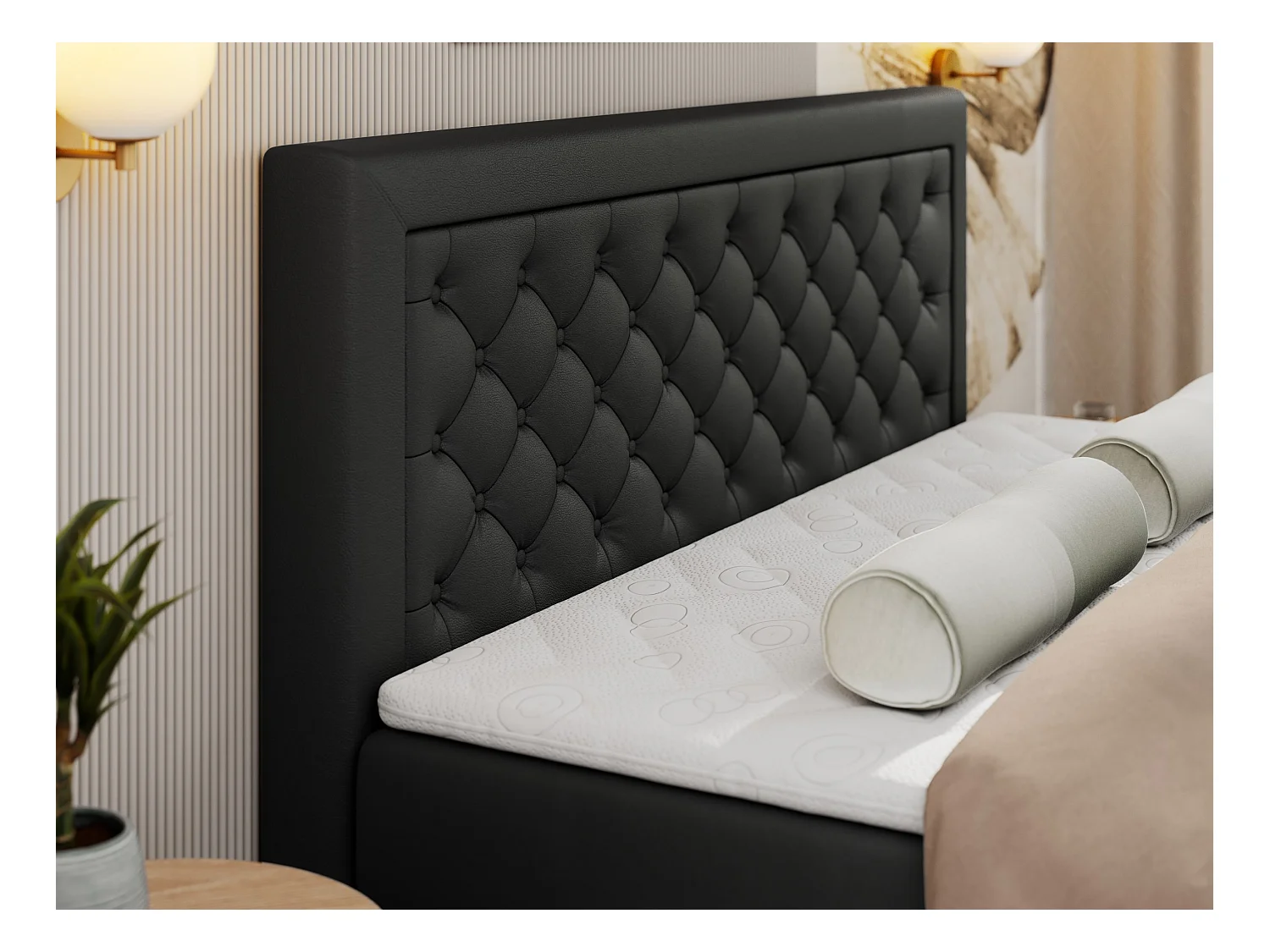 Boxspringbett JASIR - mit gestepptem Kopfteil, Doppelbett für Schlafzimmer, Multipocket-Matratze, Stauraum - 160x200 cm - H4 - Schwarz Kunstleder