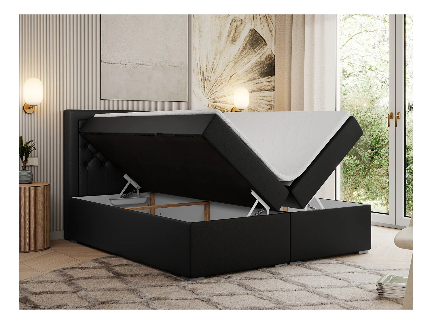 Boxspringbett JASIR - mit gestepptem Kopfteil, Doppelbett für Schlafzimmer, Multipocket-Matratze, Stauraum - 160x200 cm - H4 - Schwarz Kunstleder