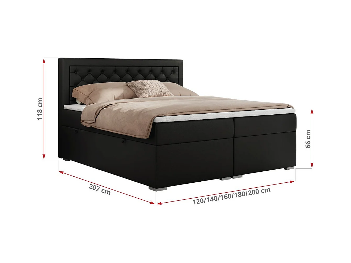 Boxspringbett JASIR - mit gestepptem Kopfteil, Doppelbett für Schlafzimmer, Multipocket-Matratze, Stauraum - 160x200 cm - H4 - Schwarz Kunstleder