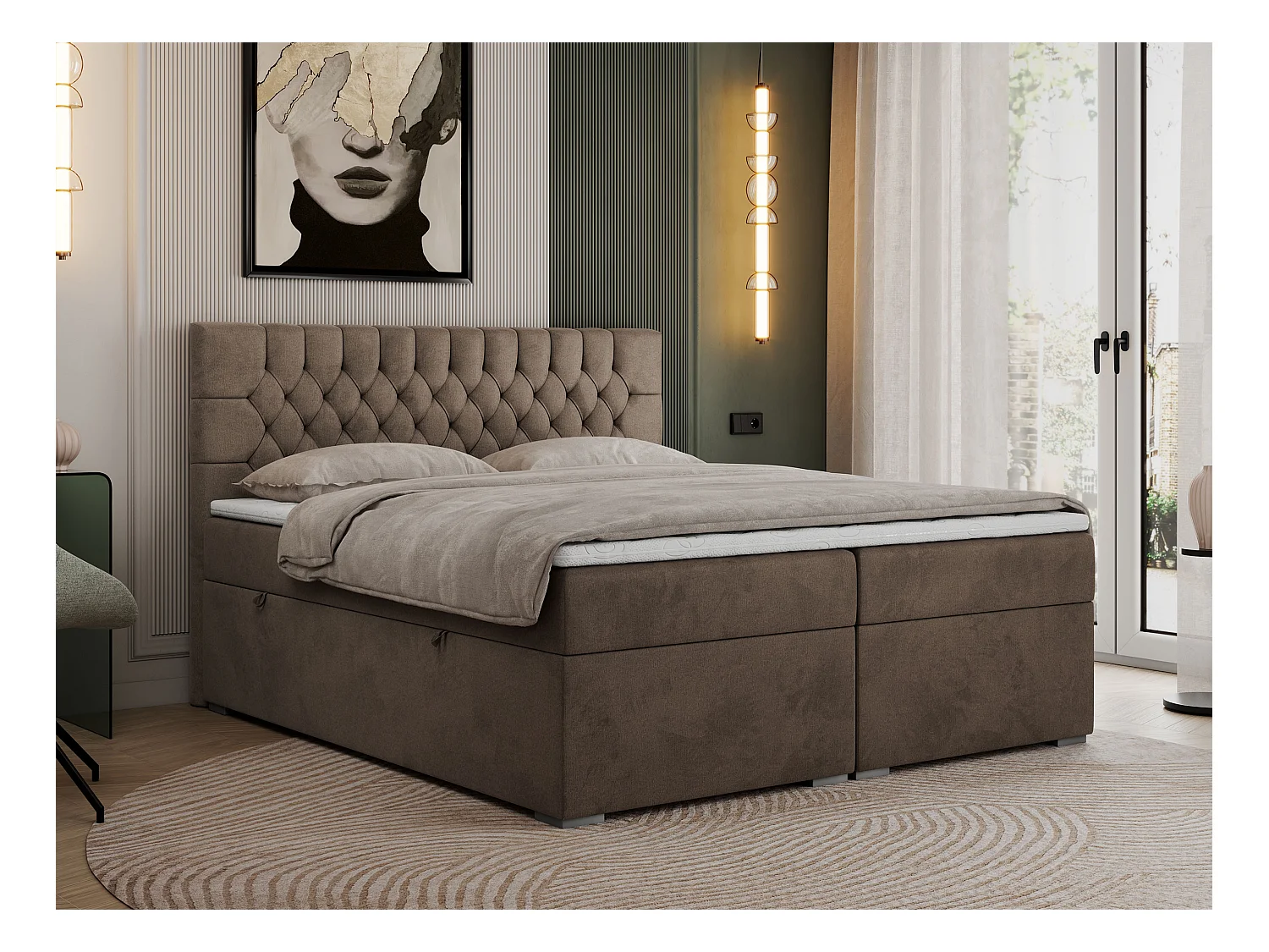 Boxspringbett PERA - gesteppte Kopfstütze, Multipocket-Matratze und Topper, Doppelbett mit Stauraum - 200x200 cm - H4 - Braun Velvet