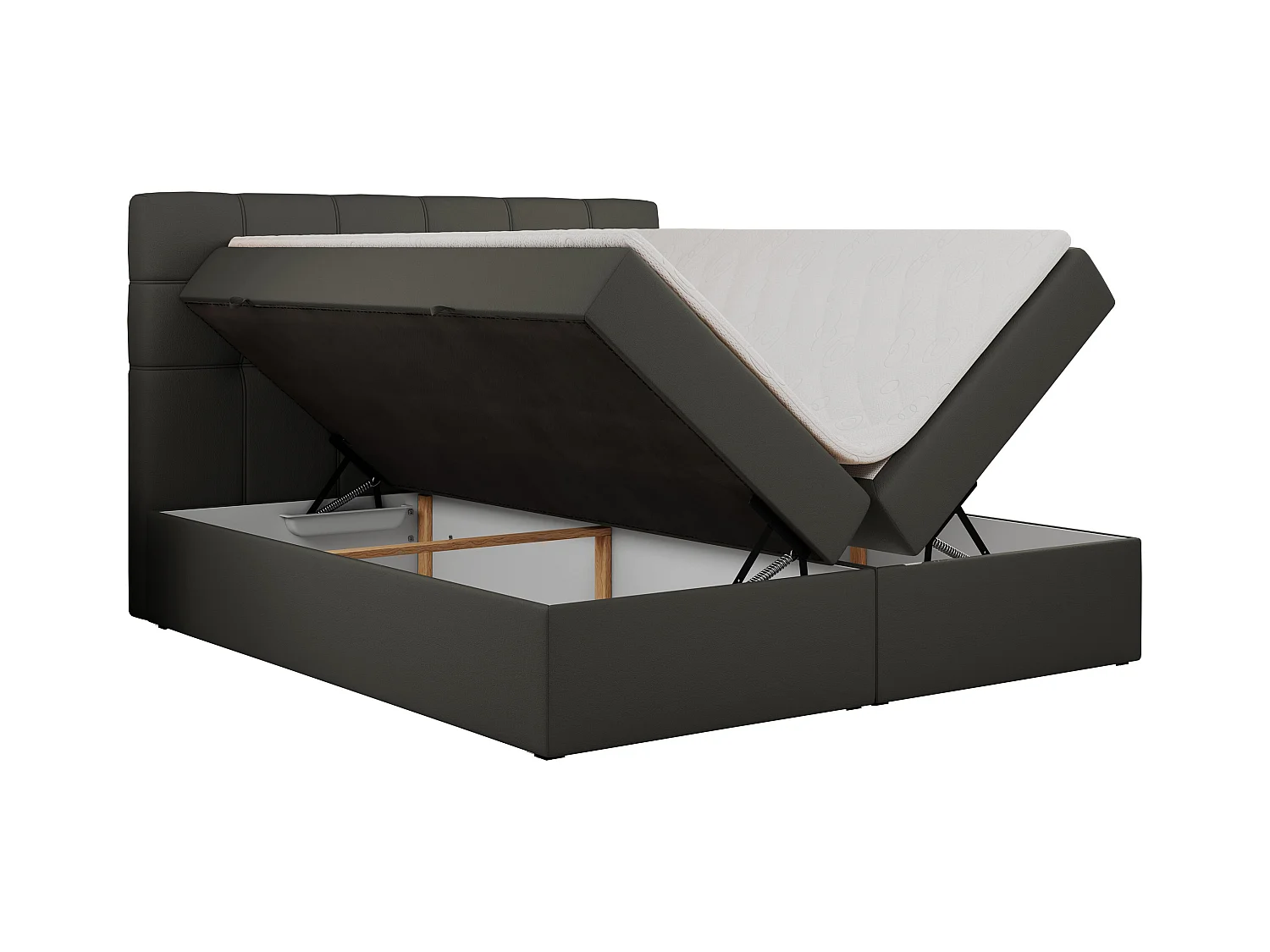 Boxspringbett ERNI - mit gestepptem Kopfteil, Polsterbett, Multipocket-Matratze und Topper, Bettkästen - 140x200 cm - H4 - Dunkelgrau Kunstleder