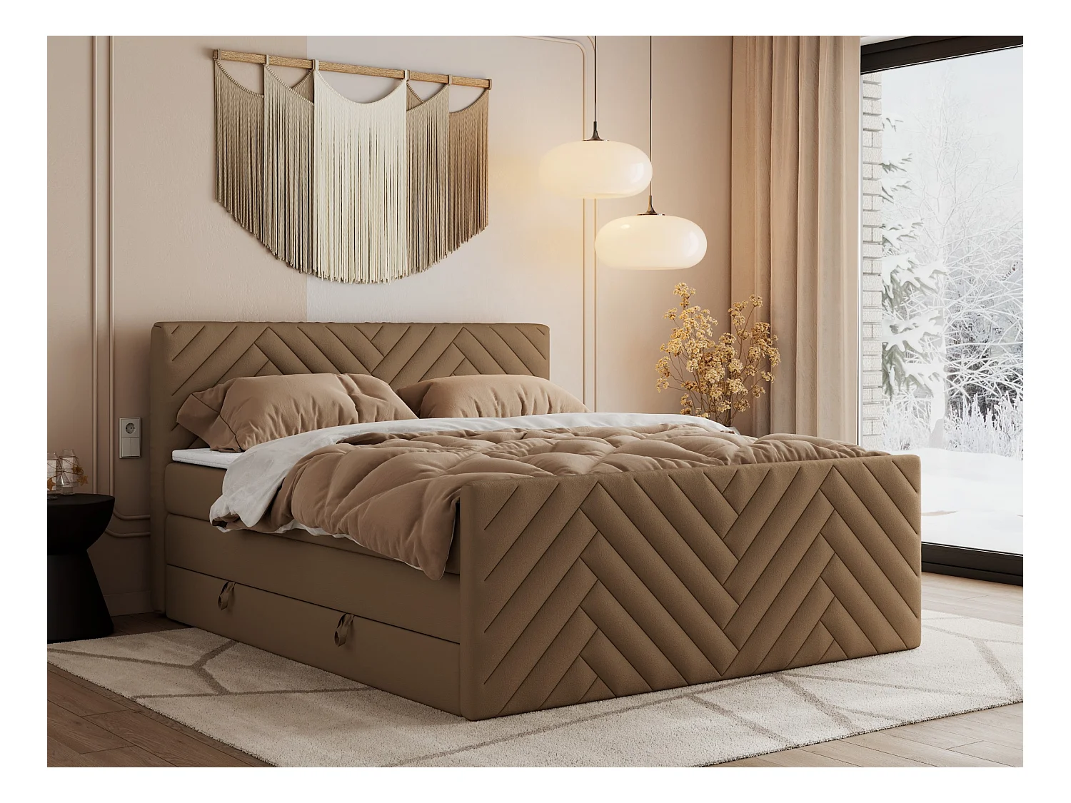 Boxspringbett PARIS KING DUO - dekorative Kopfstütze und Front, zwei Multipocket-Matratze mit Topper - 120x200 cm - H3 - Braun Kunstleder