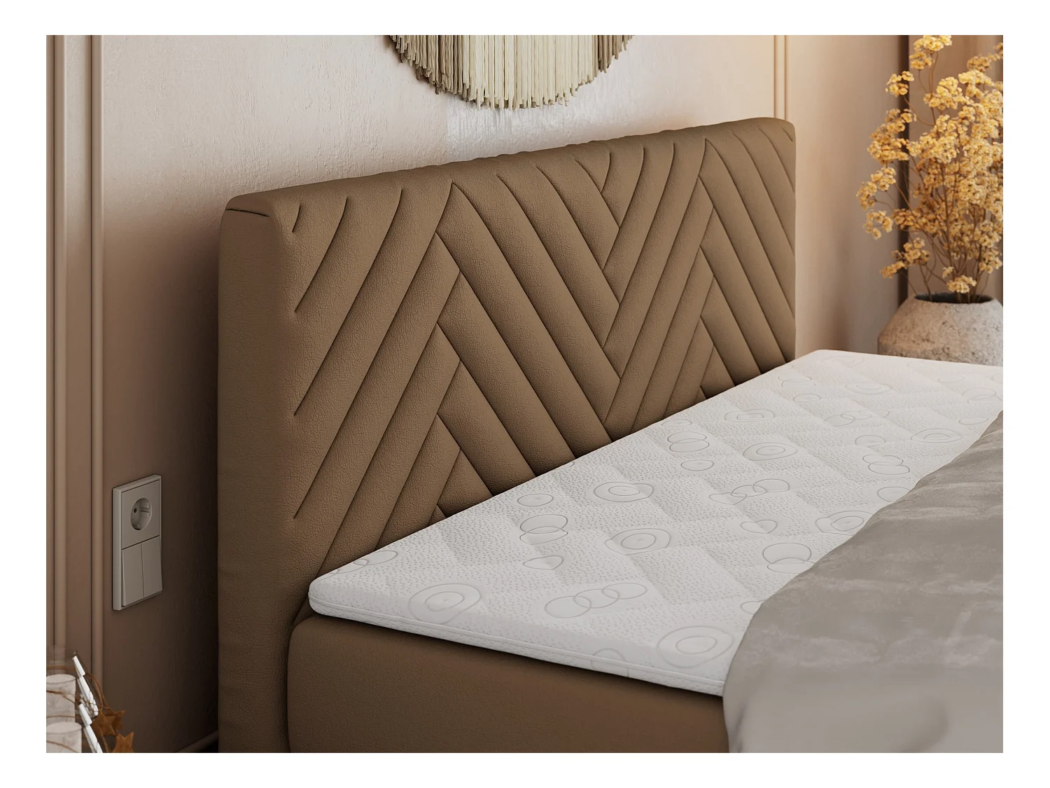 Boxspringbett PARIS KING DUO - dekorative Kopfstütze und Front, zwei Multipocket-Matratze mit Topper - 120x200 cm - H3 - Braun Kunstleder