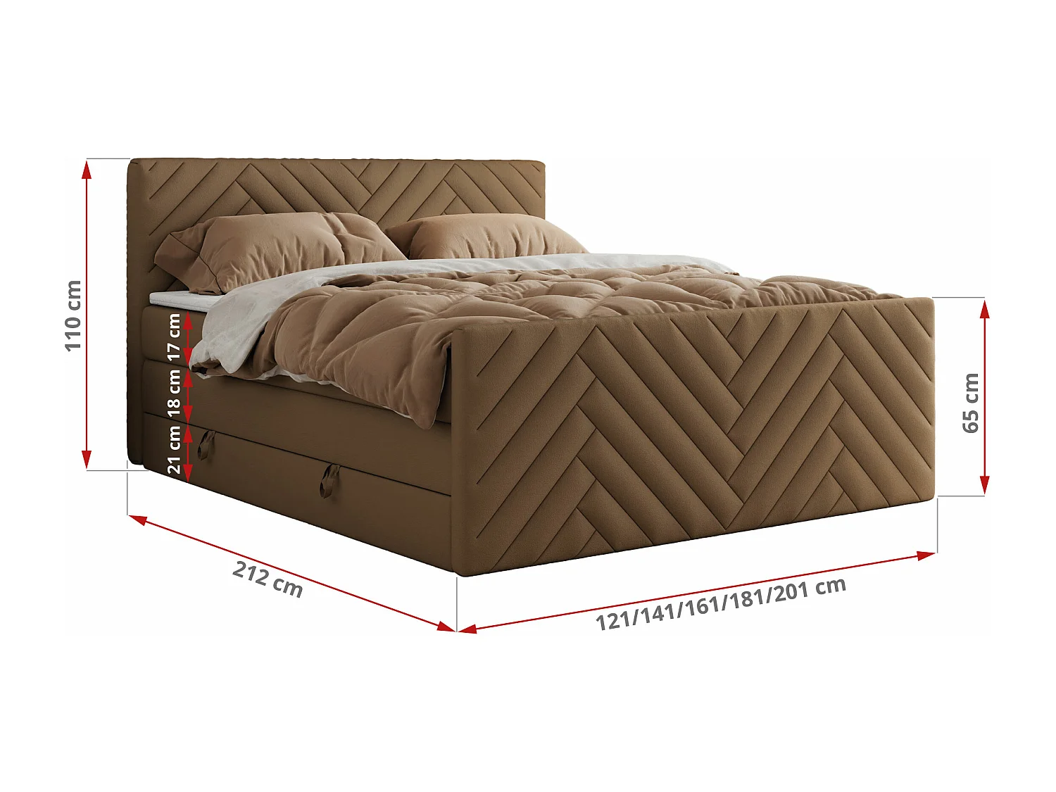 Boxspringbett PARIS KING DUO - dekorative Kopfstütze und Front, zwei Multipocket-Matratze mit Topper - 120x200 cm - H3 - Braun Kunstleder