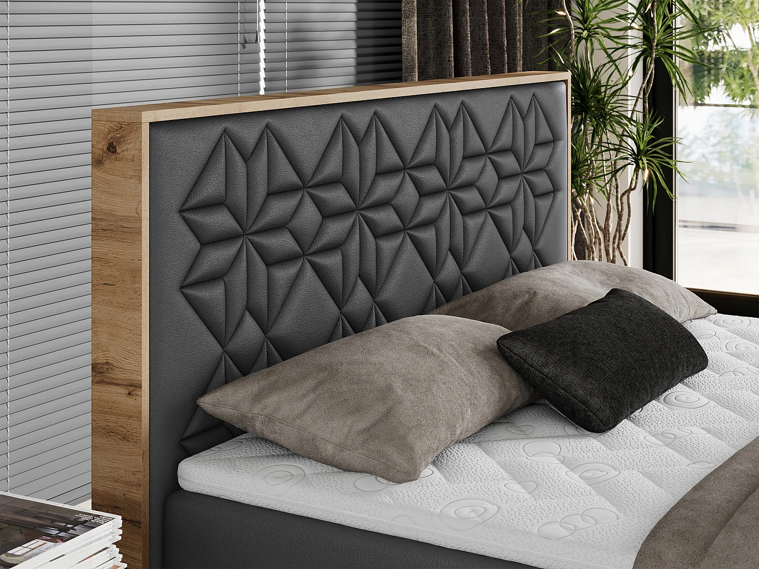 Boxspringbett NESSI - mit hoher Kopfstütze, Multipocket-Matratze und Topper, Doppelbett mit Bettkästen - 180x200 cm - H4 - Dunkelgrau Kunstleder