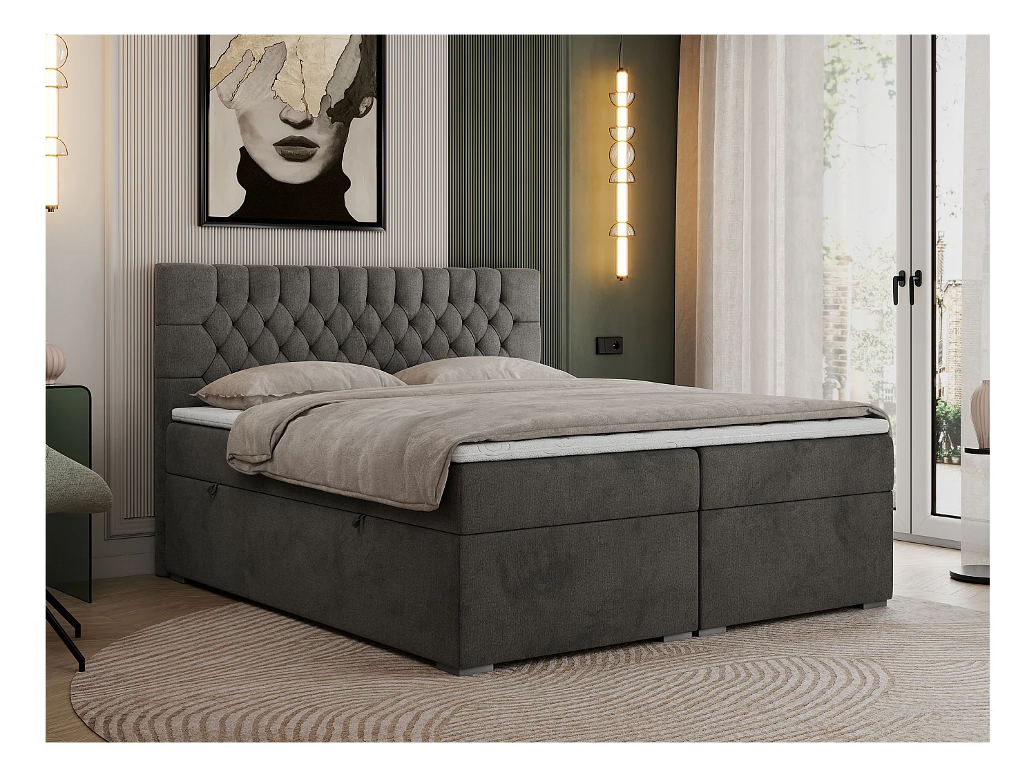 Boxspringbett PERA - gesteppte Kopfstütze, Multipocket-Matratze und Topper, Doppelbett mit Stauraum - 140x200 cm - H4 - Dunkelgrau Velvet