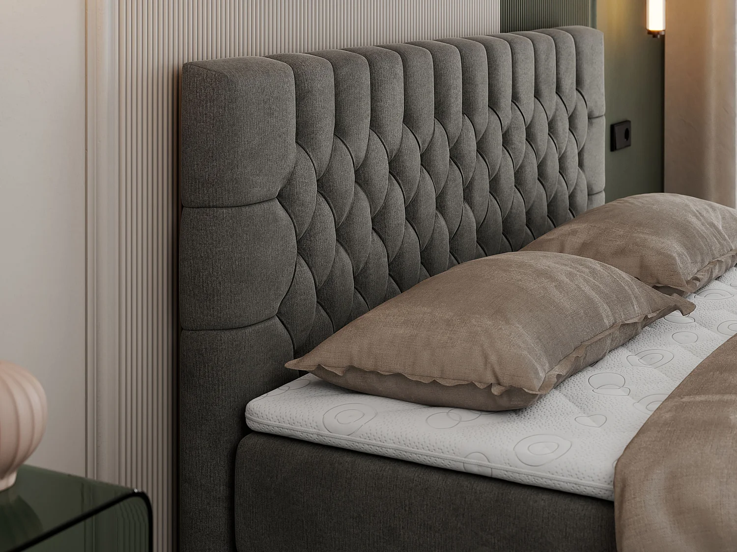 Boxspringbett PERA - gesteppte Kopfstütze, Multipocket-Matratze und Topper, Doppelbett mit Stauraum - 140x200 cm - H4 - Dunkelgrau Velvet