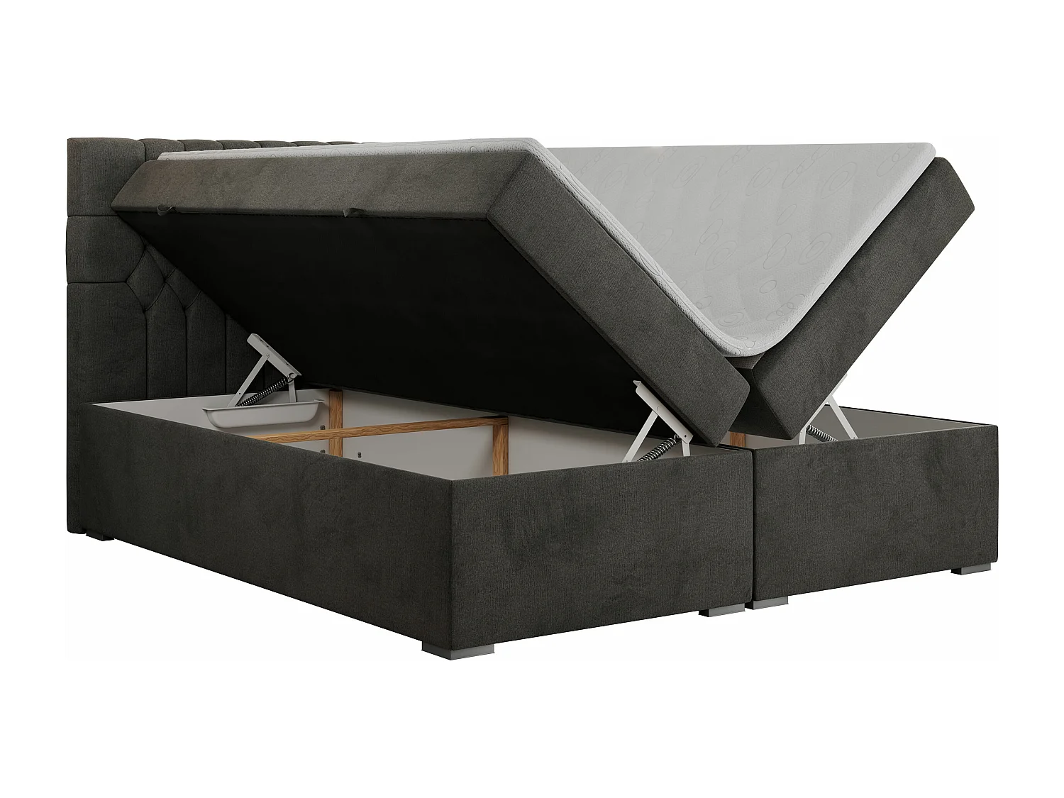 Boxspringbett PERA - gesteppte Kopfstütze, Multipocket-Matratze und Topper, Doppelbett mit Stauraum - 140x200 cm - H4 - Dunkelgrau Velvet