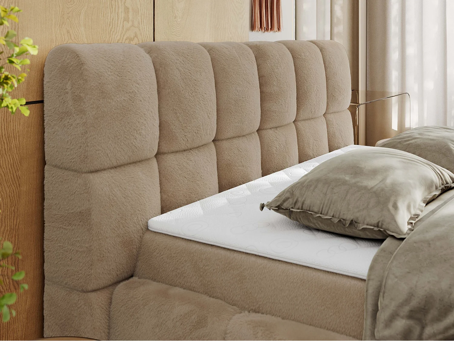 Boxspringbett NIRA - dekorativ kopfteil, Bettkästen und Multipocket-Matratze, Doppelbett für Schlafzimmer - 120x200 cm - H4 - Beige Plüsch