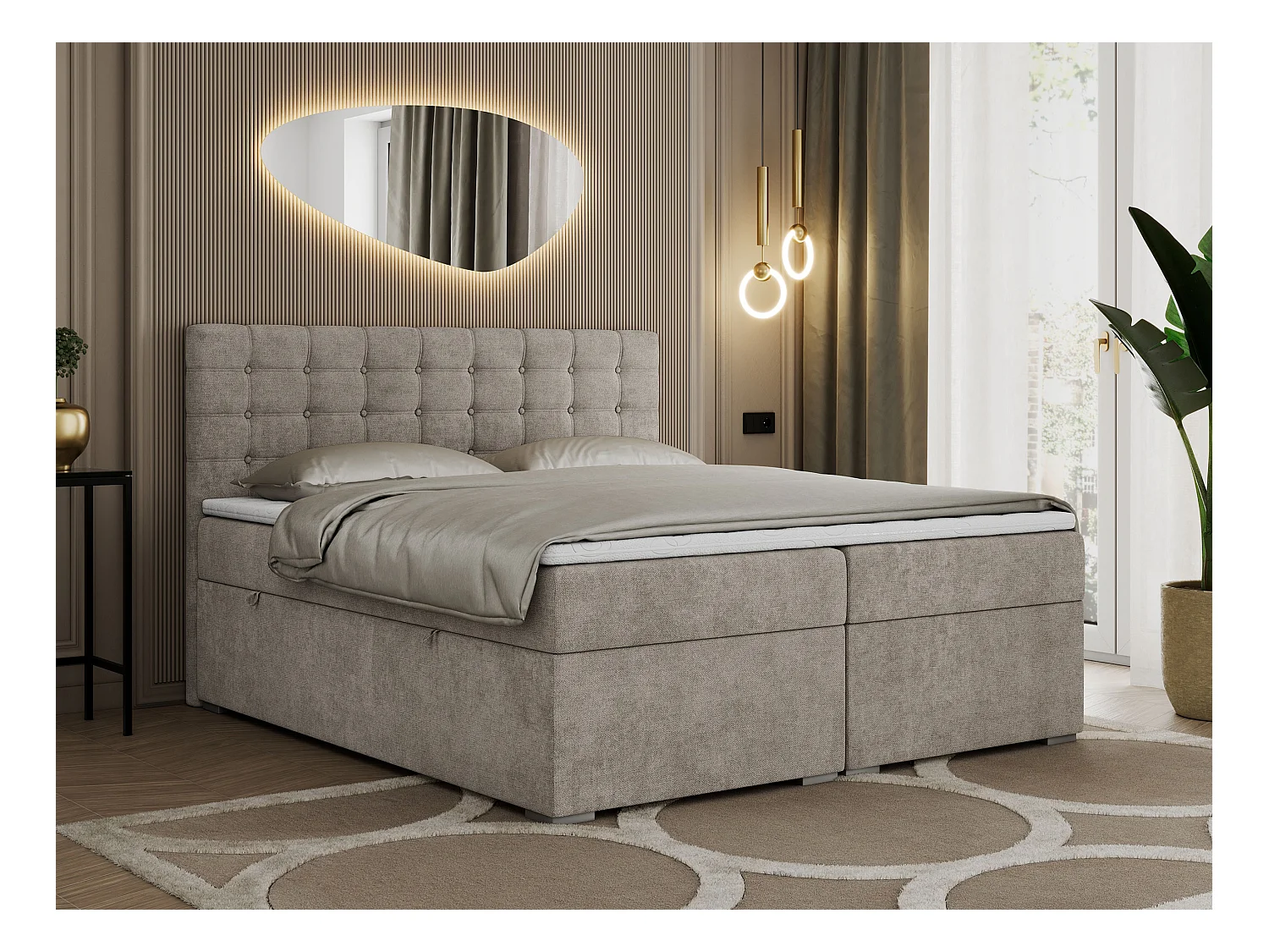 Boxspringbett SUSAN - mit gestepptem Kopfteil, zwei Bettkästen und Topper, gepolstertes Schlafzimmerbett - 180x200 cm - H4 - Beige Stukture