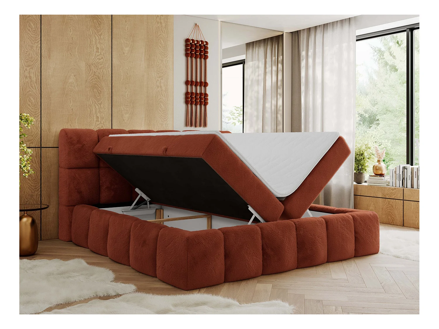Boxspringbett NIRA - dekorativ kopfteil, Bettkästen und Multipocket-Matratze, Doppelbett für Schlafzimmer - 120x200 cm - H4 - Orange Plüsch