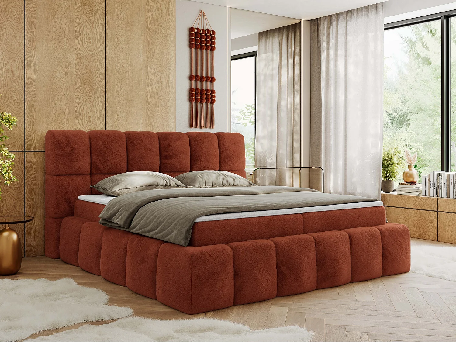 Boxspringbett NIRA - dekorativ kopfteil, Bettkästen und Multipocket-Matratze, Doppelbett für Schlafzimmer - 120x200 cm - H4 - Orange Plüsch