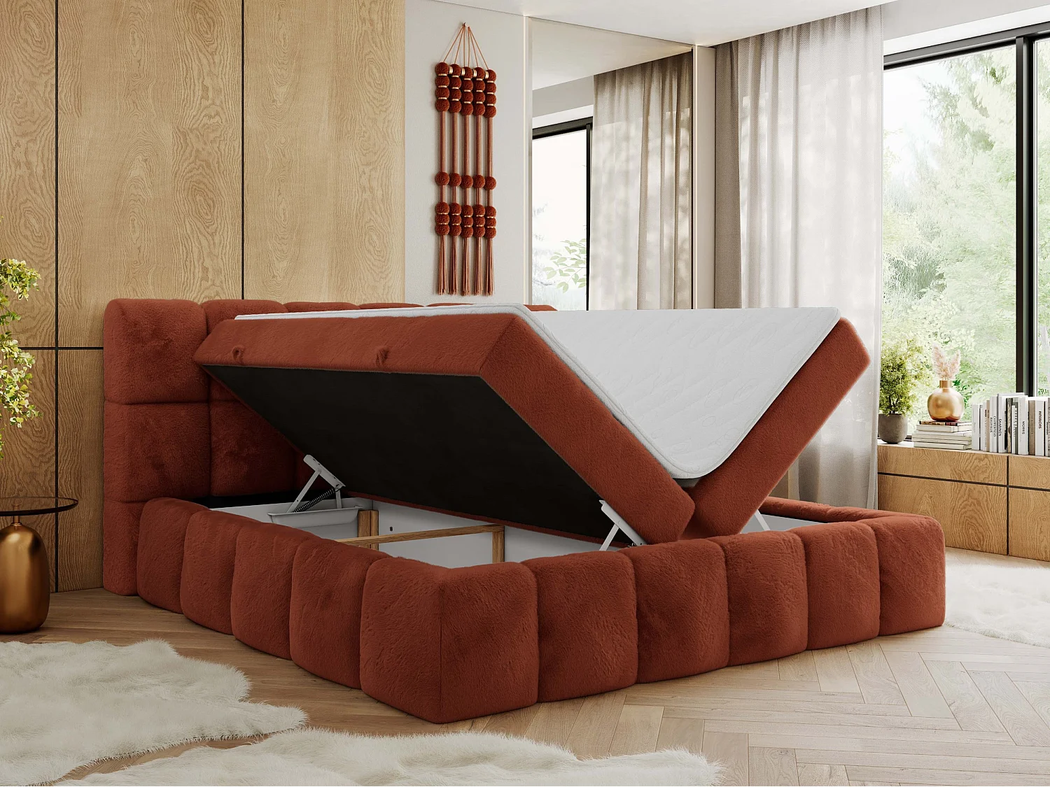 Boxspringbett NIRA - dekorativ kopfteil, Bettkästen und Multipocket-Matratze, Doppelbett für Schlafzimmer - 120x200 cm - H4 - Orange Plüsch