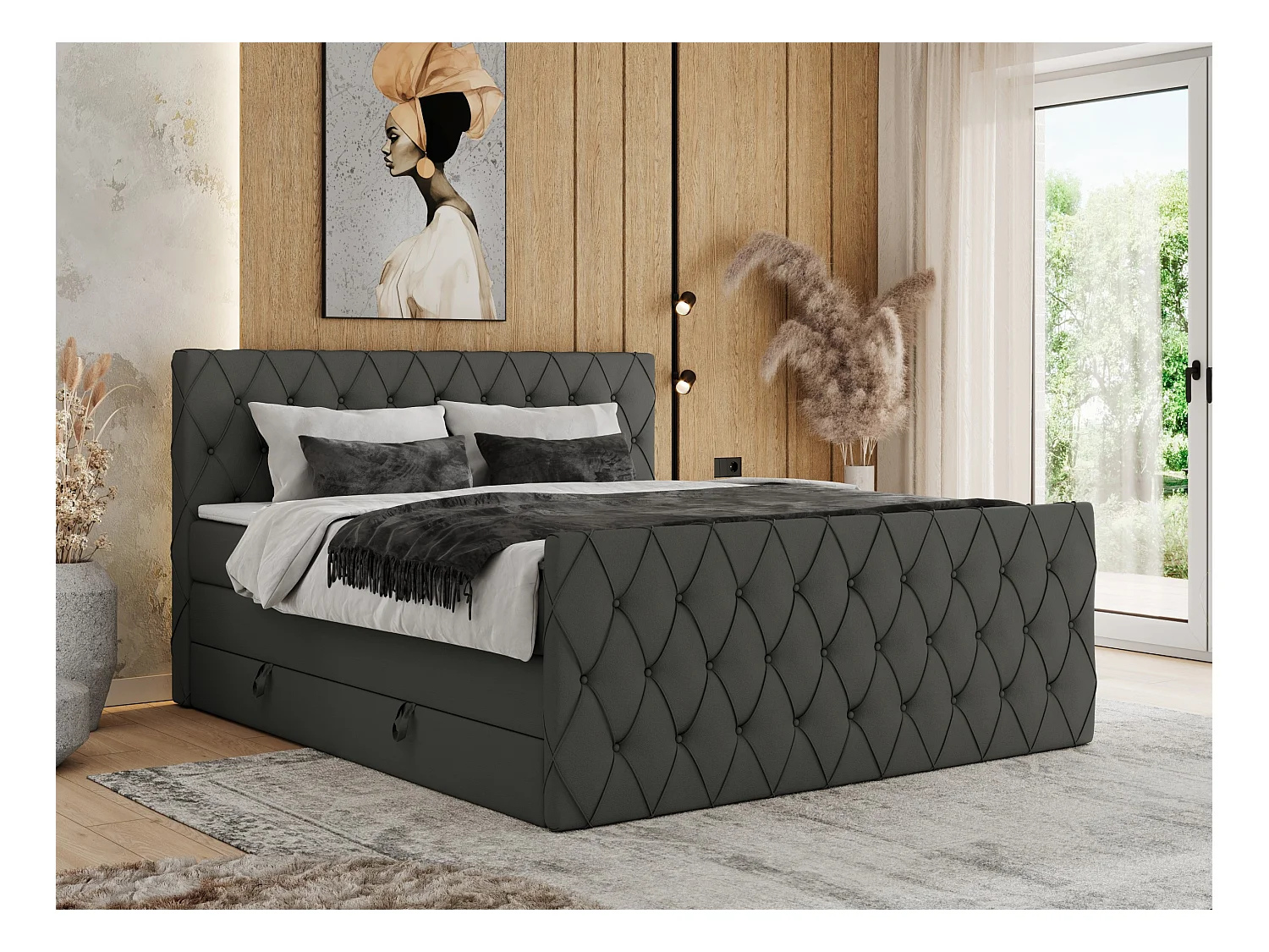 Boxspringbett MIREN KING DUO - für Schlafzimmer mit zwei Multipocket-Matratzen und Topper, gestepptes Kopfteil und Front  - 180x200 cm - H3 - Grau Kunstleder