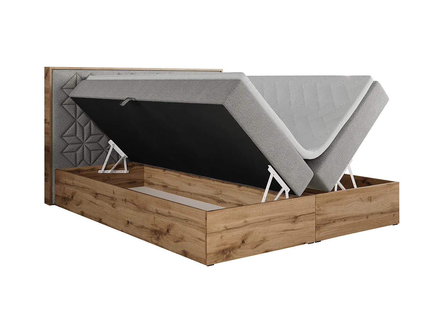 Boxspringbett NESSI - mit hoher Kopfstütze, Multipocket-Matratze und Topper, Doppelbett mit Bettkästen - 120x200 cm - H3 - Hellgrau Strukture