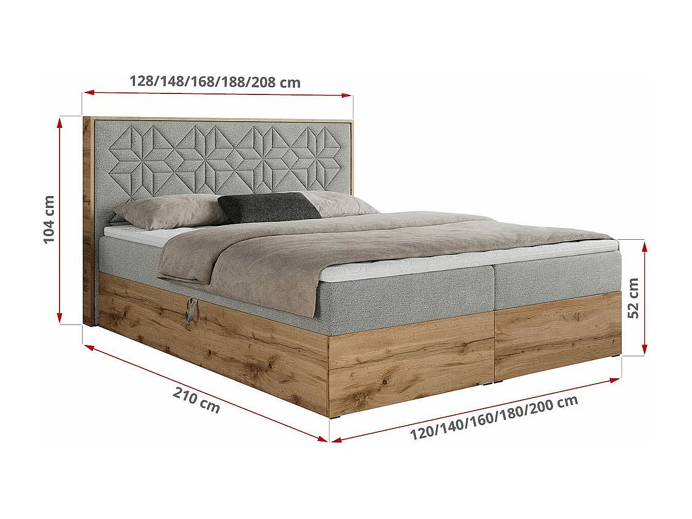 Boxspringbett NESSI - mit hoher Kopfstütze, Multipocket-Matratze und Topper, Doppelbett mit Bettkästen - 120x200 cm - H3 - Hellgrau Strukture