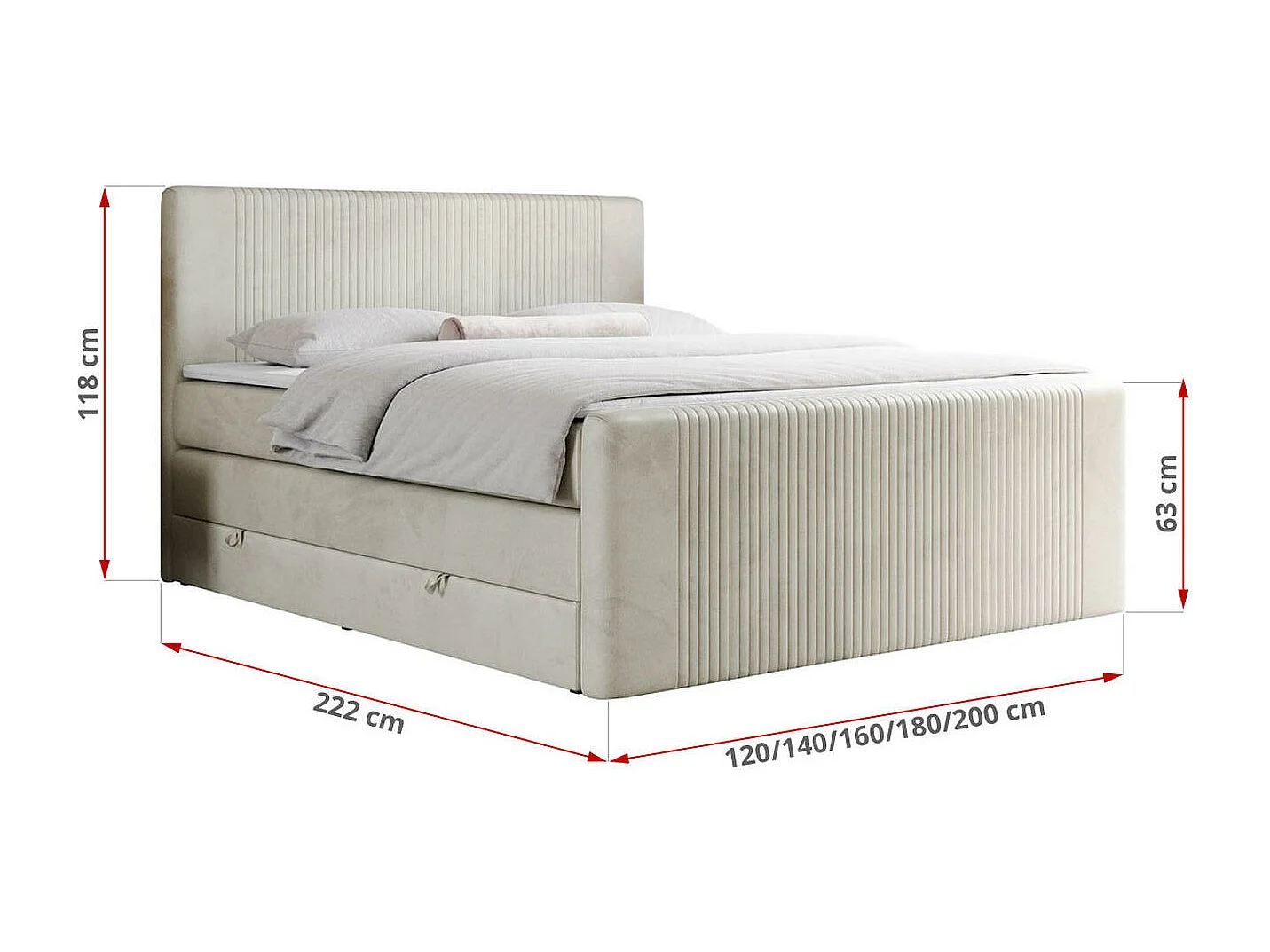 Boxspringbett DOREN KING - mit gesteppter Front und Kopfteil, zwei Multipocket-Matratzen und Topper, Doppelbett - 180x200 cm - H4 - Beige Velvet