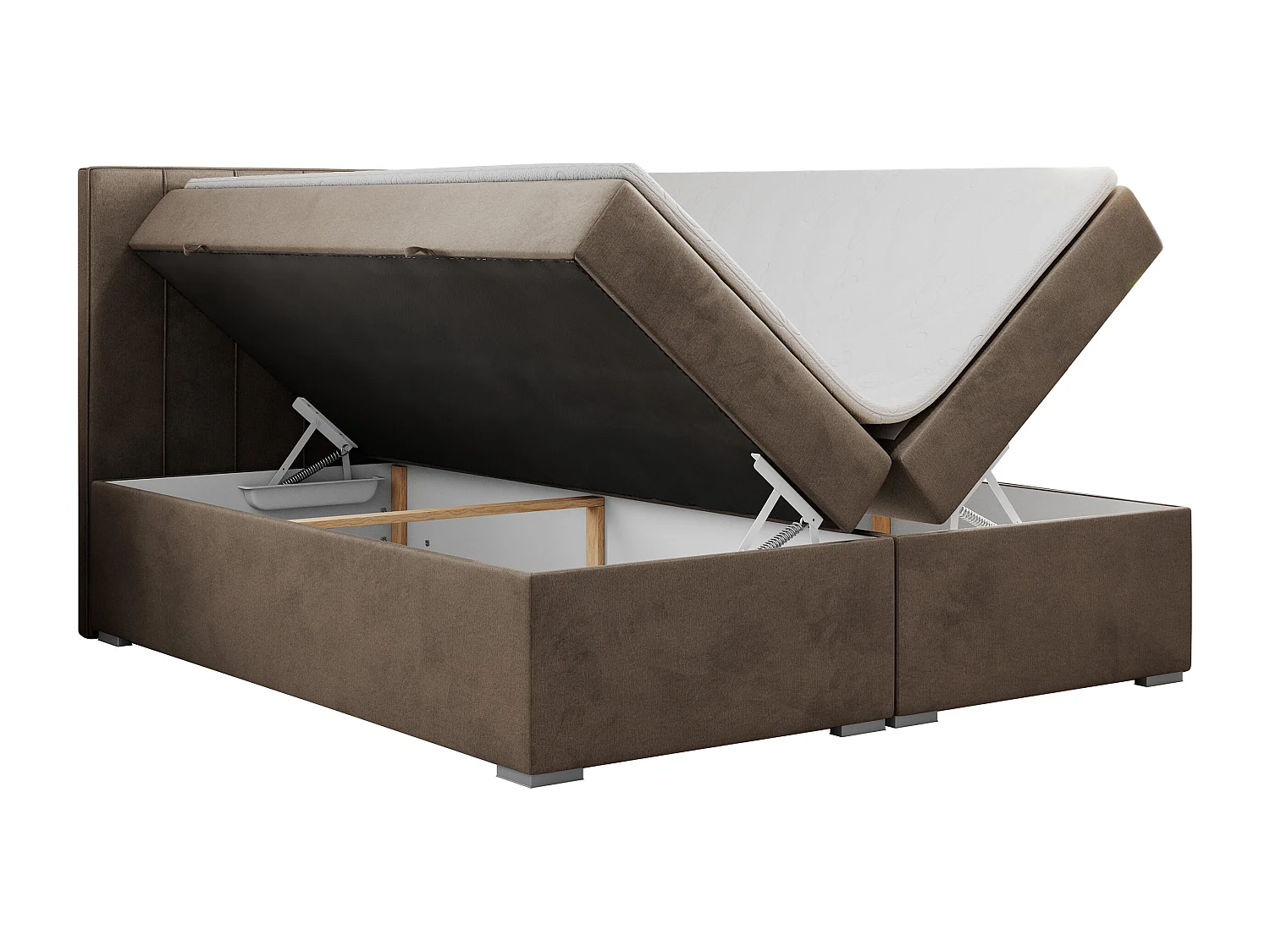 Boxspringbett ALLY - gestreiftes, genähtes Kopfteil, zwei Bettkästen, Multipocket-Matratzen, Praktisch Polsterbett - 180x200 cm - H3 - Braun Velvet