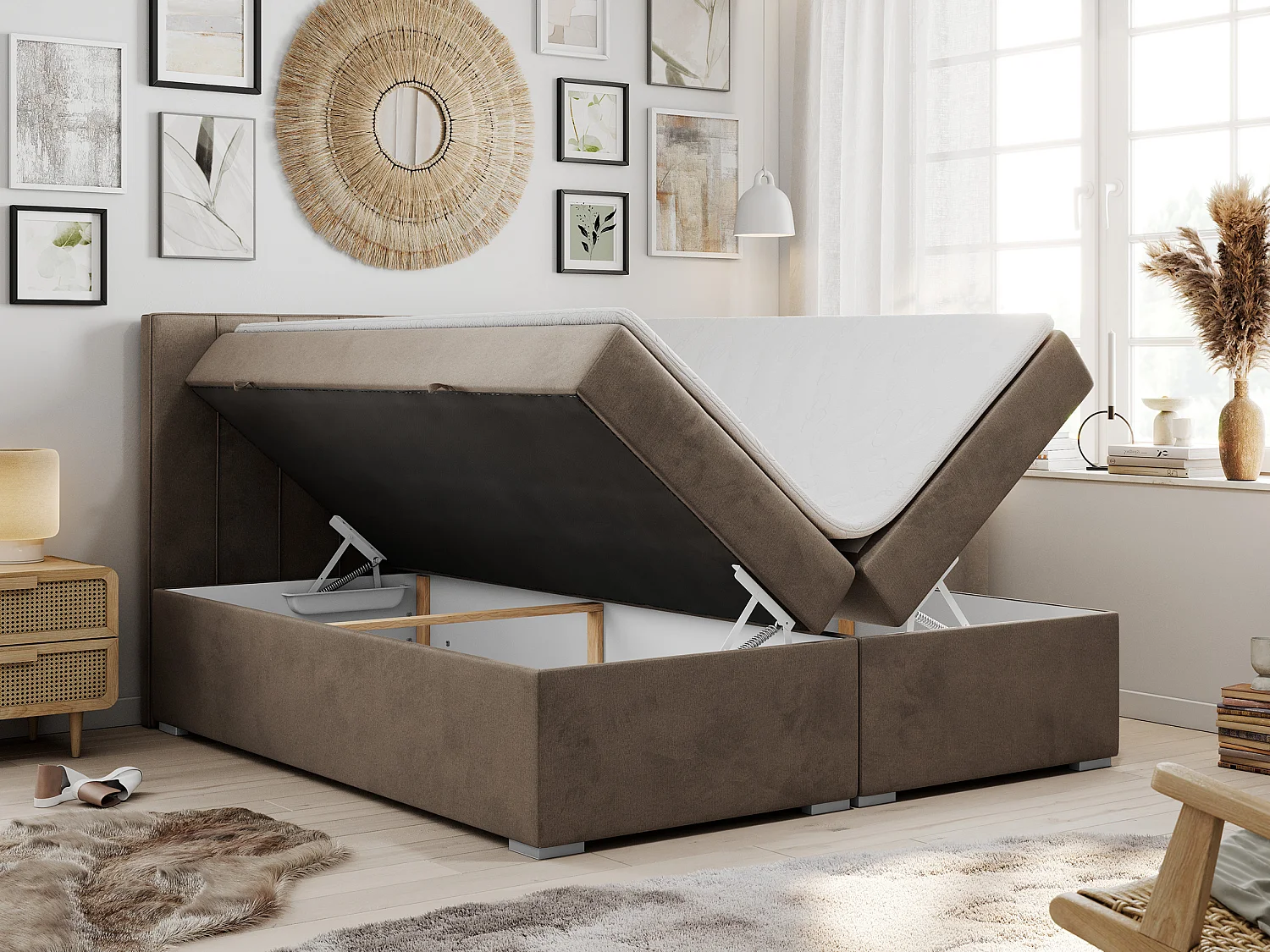 Boxspringbett ALLY - gestreiftes, genähtes Kopfteil, zwei Bettkästen, Multipocket-Matratzen, Praktisch Polsterbett - 180x200 cm - H3 - Braun Velvet