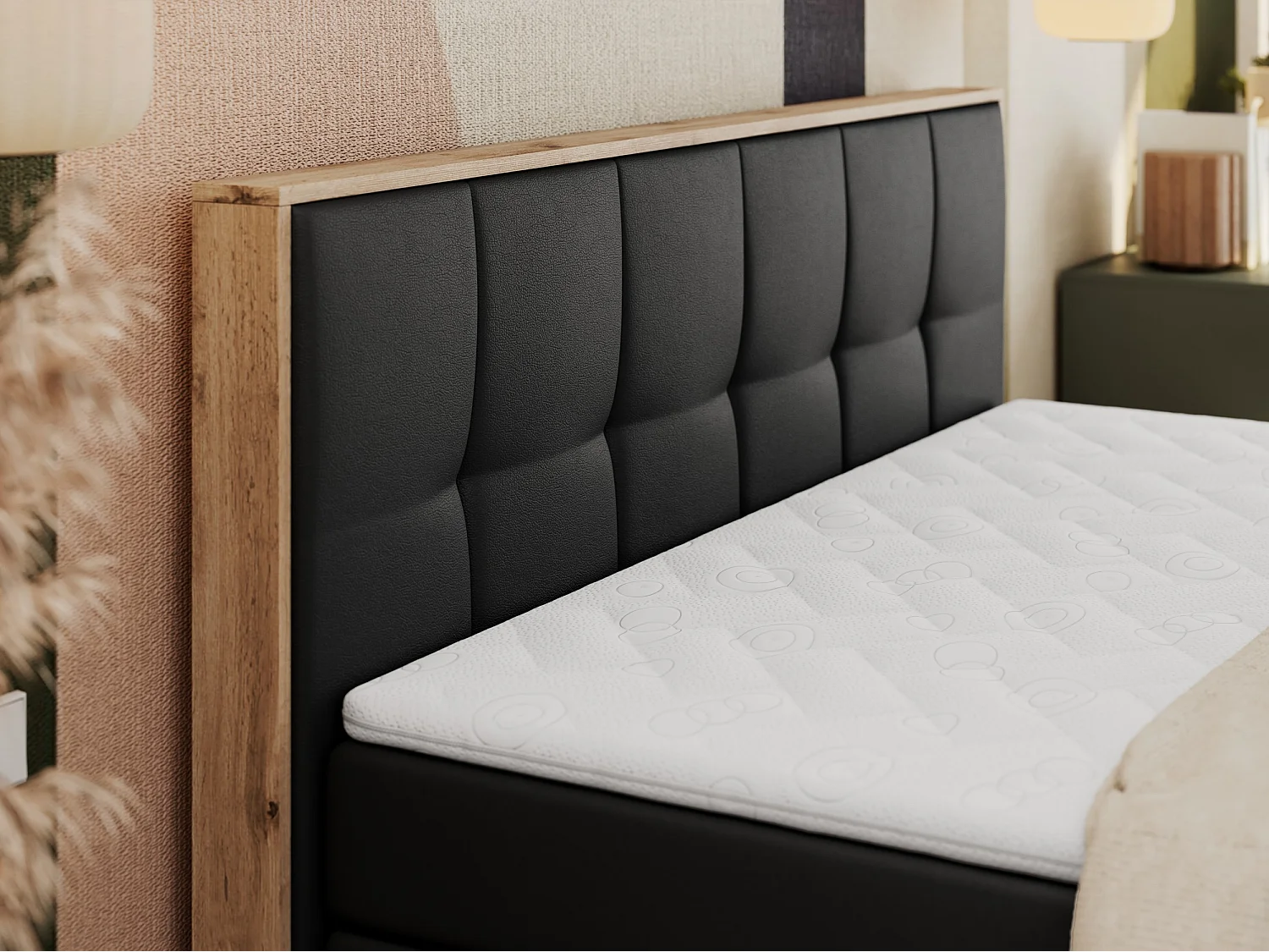 Boxspringbett ALBERO 1 KING - zwei 7 Härtezonen Multipocket-Matratzen, Doppelbett mit Stauraum, Eiche Wotan Holzrahmen - 180x200 cm - H3 - Schwarz Kunstleder