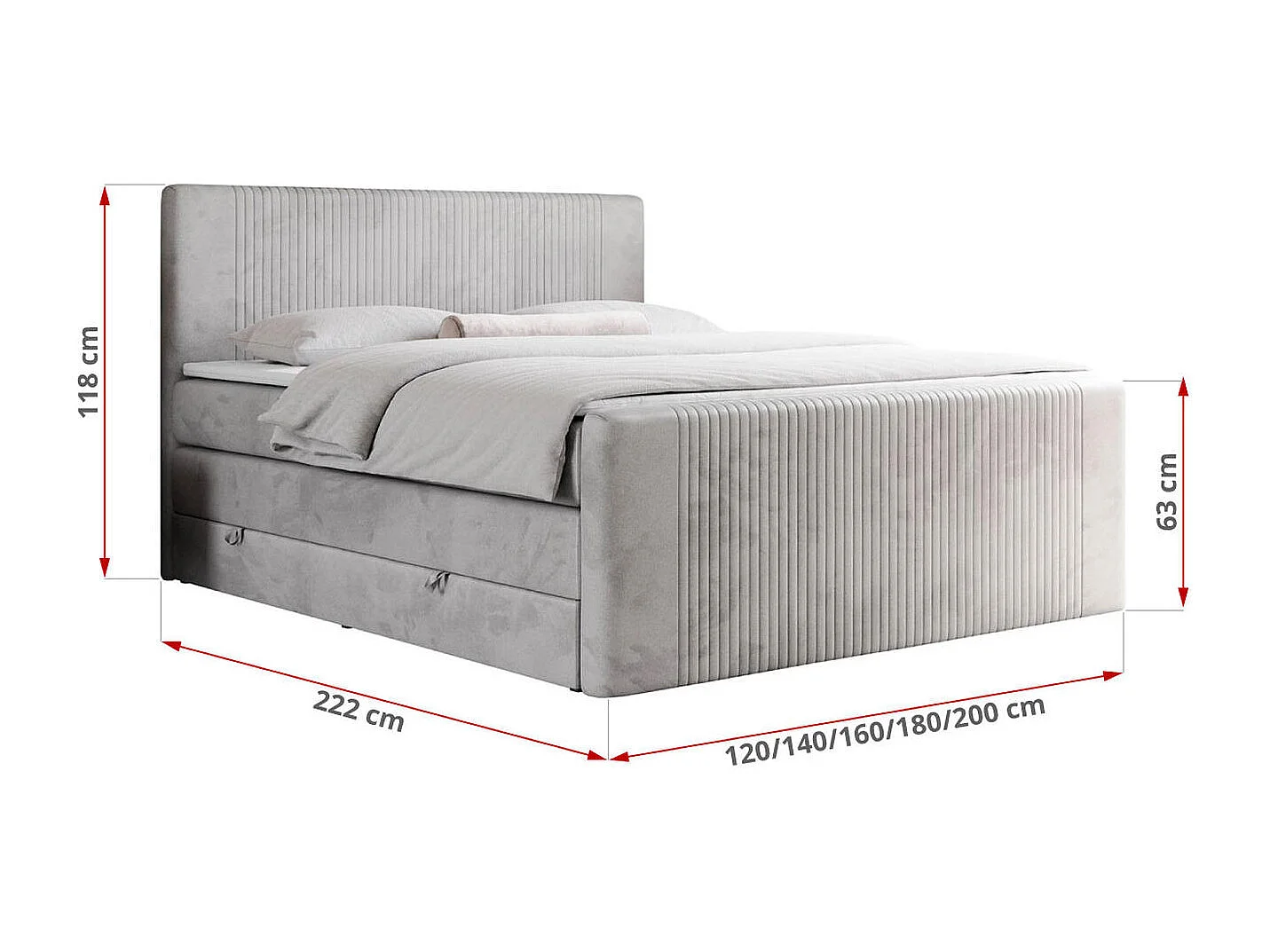 Boxspringbett DOREN KING - mit gesteppter Front und Kopfteil, zwei Multipocket-Matratzen und Topper, Doppelbett - 120x200 cm - H3 - Hellgrau Velvet