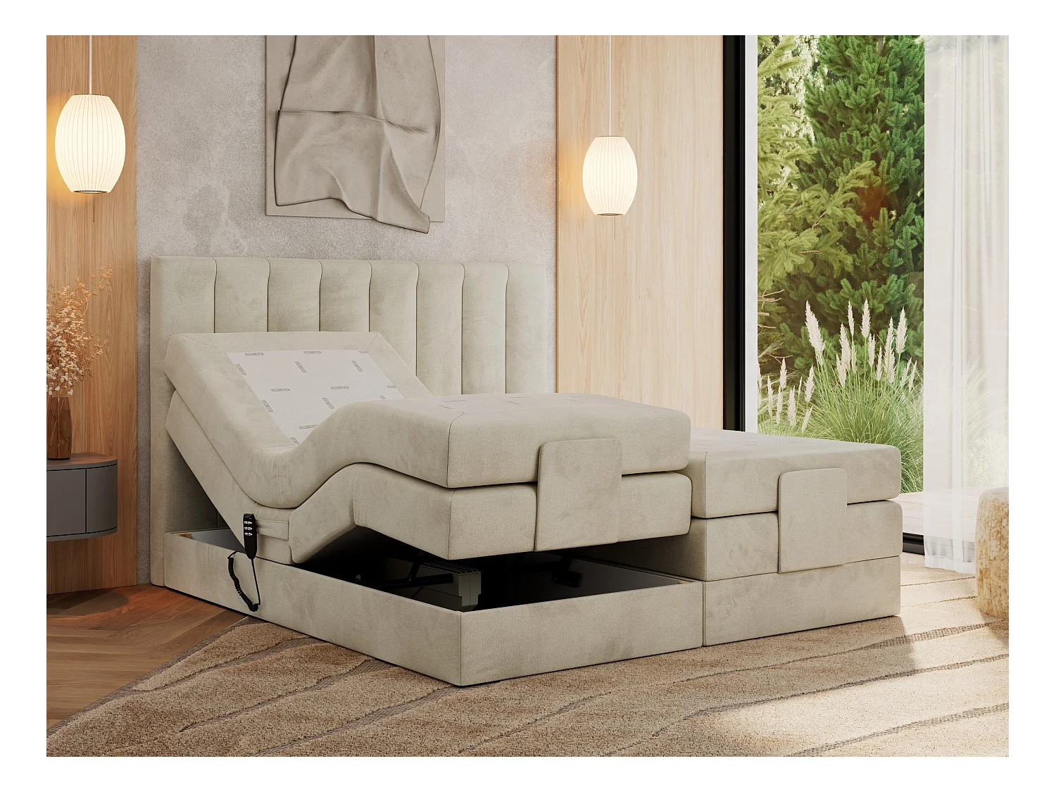 Boxspringbett COMFORTO - Doppelbett, Elektrisch verstellbare, Multipocket-Matratzen und Topper, genähtes Kopfteil - 160x200 cm - H3 - Beige Velvet