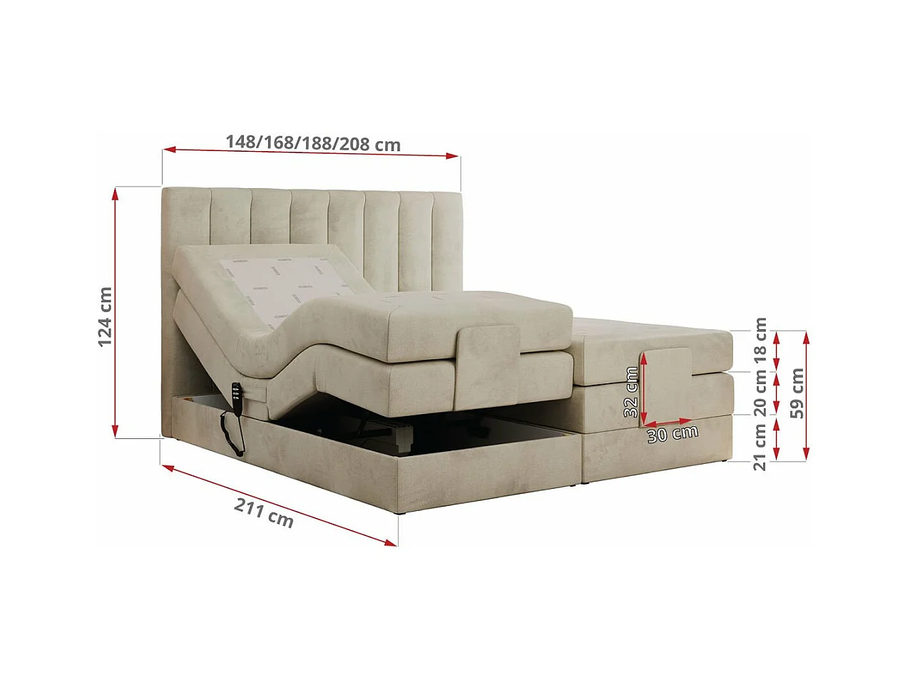 Boxspringbett COMFORTO - Doppelbett, Elektrisch verstellbare, Multipocket-Matratzen und Topper, genähtes Kopfteil - 160x200 cm - H3 - Beige Velvet