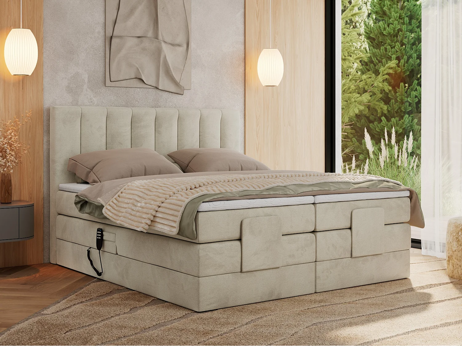 Boxspringbett COMFORTO - Doppelbett, Elektrisch verstellbare, Multipocket-Matratzen und Topper, genähtes Kopfteil - 160x200 cm - H3 - Beige Velvet