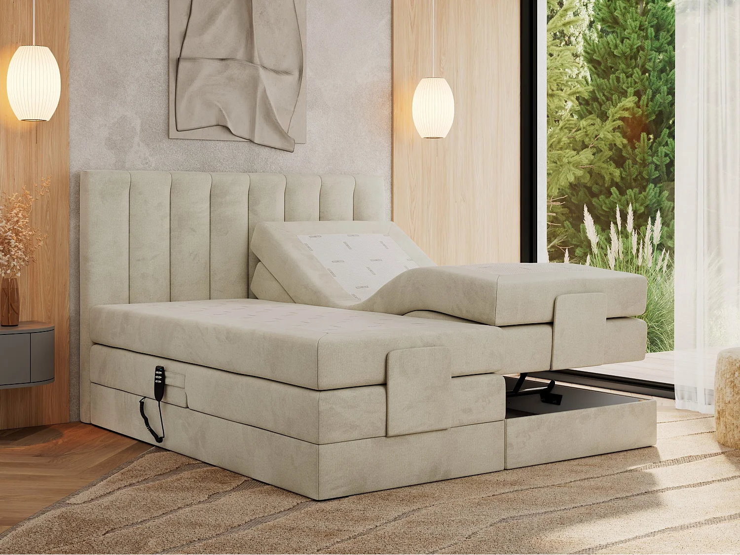 Boxspringbett COMFORTO - Doppelbett, Elektrisch verstellbare, Multipocket-Matratzen und Topper, genähtes Kopfteil - 160x200 cm - H3 - Beige Velvet