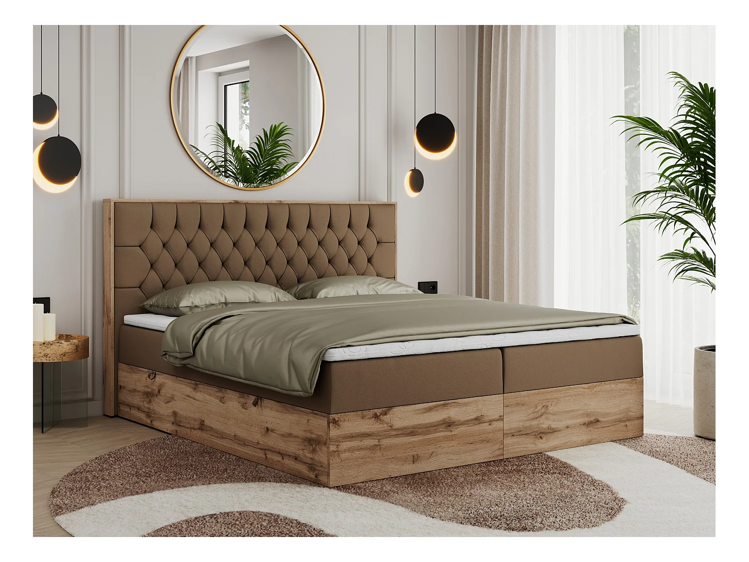 Boxspringbett AMORE - Bett mit Multipocket-Matratze, gesteppte Kopfstütze, Doppelbett für Schlafzimmer - 180x200 cm - H4 - Braun Kunstleder