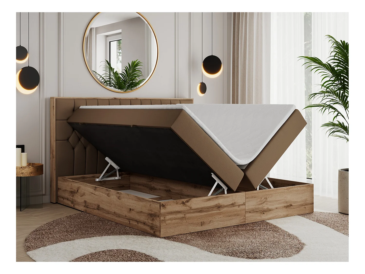 Boxspringbett AMORE - Bett mit Multipocket-Matratze, gesteppte Kopfstütze, Doppelbett für Schlafzimmer - 180x200 cm - H4 - Braun Kunstleder