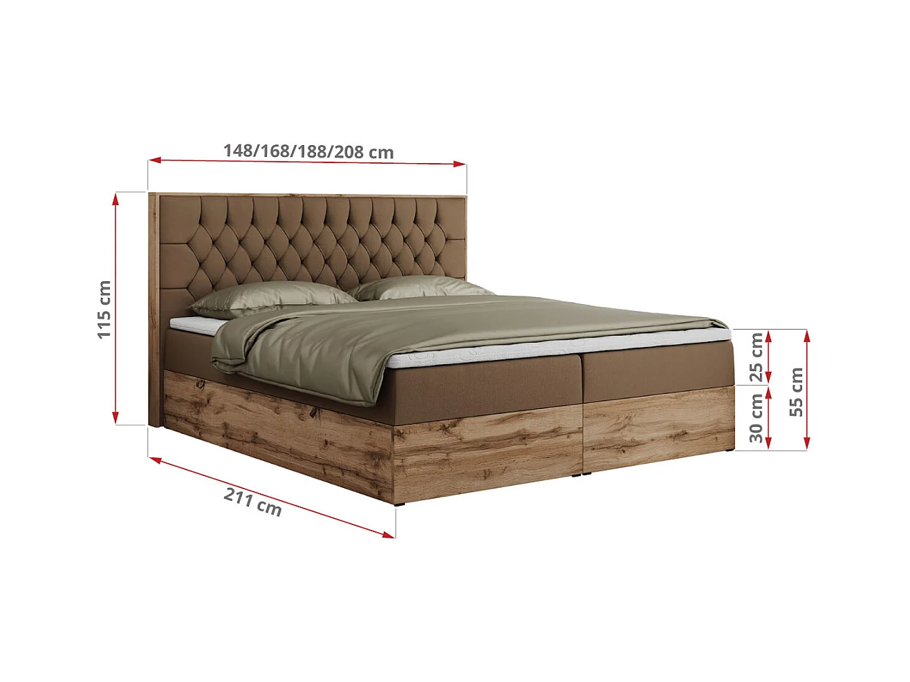 Boxspringbett AMORE - Bett mit Multipocket-Matratze, gesteppte Kopfstütze, Doppelbett für Schlafzimmer - 180x200 cm - H4 - Braun Kunstleder