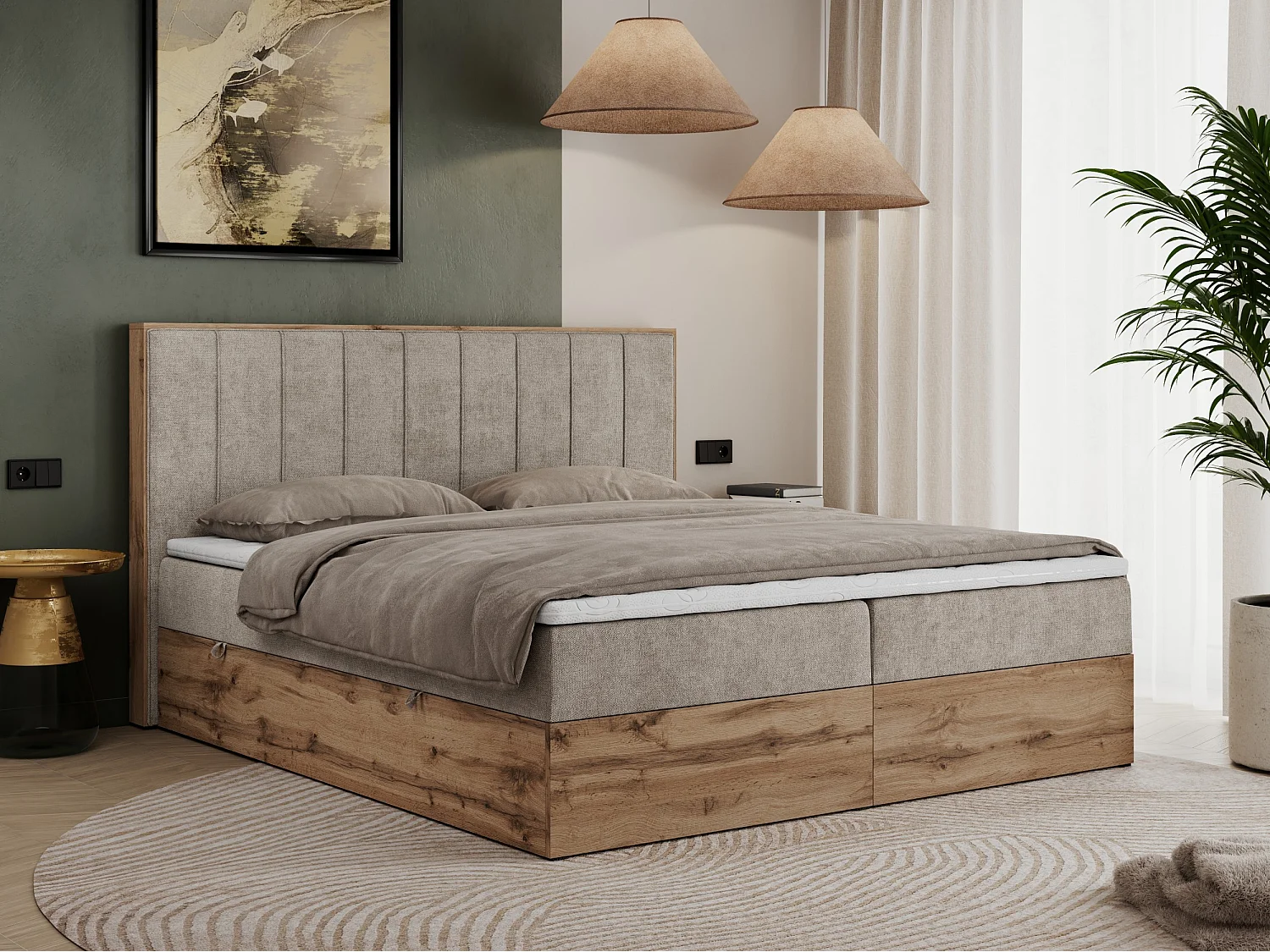 Boxspringbett BELLISSIMO - mit gestepptem Kopfteil, Polsterbett mit zwei Bettkästen, Multipocket-Matratze - 200x200 cm - H3 - Beige Strukture