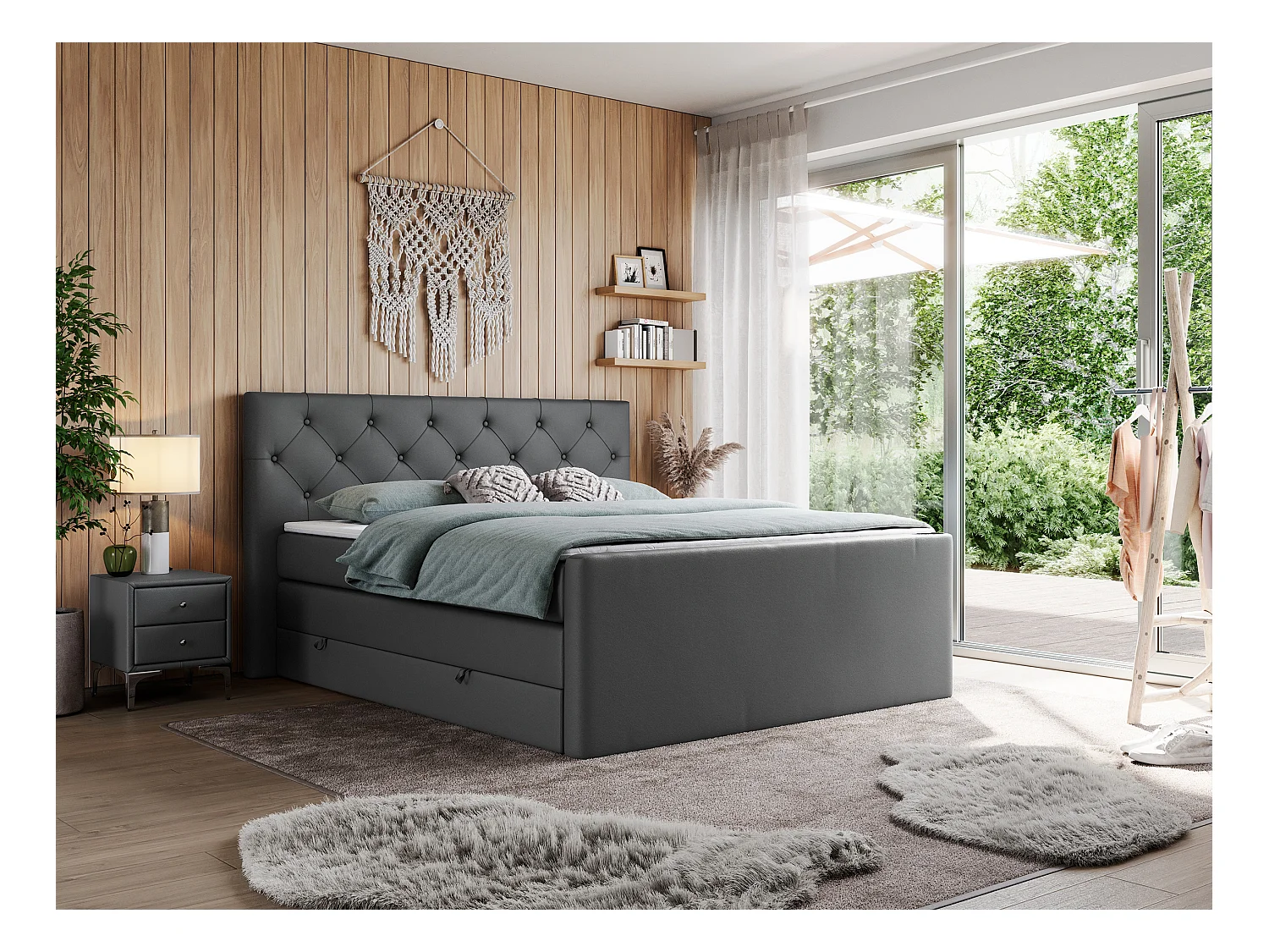 Boxspringbett VELEN KING - Doppelbett mit gestepptem Kopfteil, zwei Multipocket-Matratzen, Polsterbett mit Kopfstütze - 180x200 cm - H3 - Dunkelgrau Kunstleder