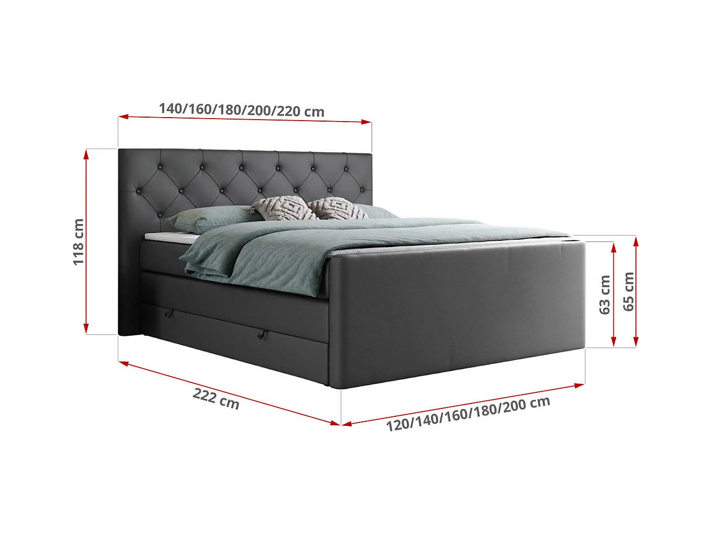 Boxspringbett VELEN KING - Doppelbett mit gestepptem Kopfteil, zwei Multipocket-Matratzen, Polsterbett mit Kopfstütze - 180x200 cm - H3 - Dunkelgrau Kunstleder