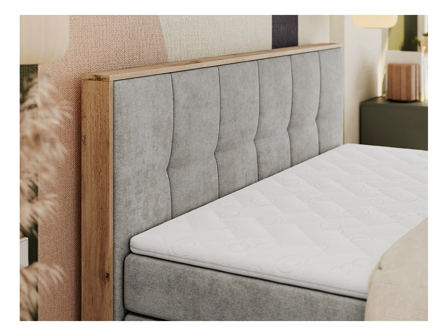 Boxspringbett ALBERO 1 KING - zwei 7 Härtezonen Multipocket-Matratzen, Doppelbett mit Stauraum, Eiche Wotan Holzrahmen - 160x200 cm - H3 - Hellgrau Strukture