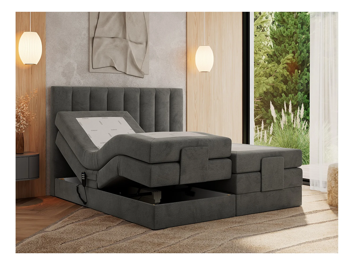 Boxspringbett COMFORTO - Doppelbett, Elektrisch verstellbare, Multipocket-Matratzen und Topper, genähtes Kopfteil - 160x200 cm - H4 - Dunkelgrau Velvet