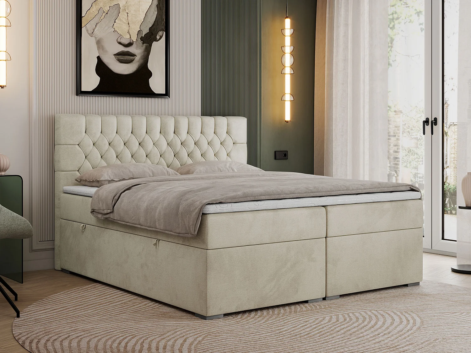 Boxspringbett PERA - gesteppte Kopfstütze, Multipocket-Matratze und Topper, Doppelbett mit Stauraum - 160x200 cm - H3 - Beige Velvet