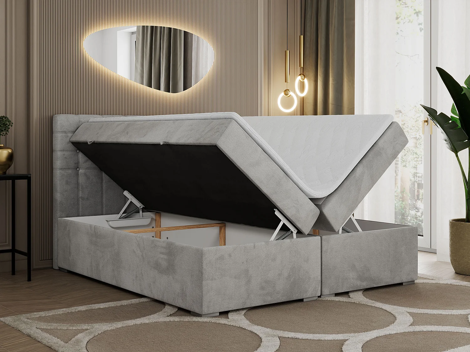 Boxspringbett SUSAN - mit gestepptem Kopfteil, zwei Bettkästen und Topper, gepolstertes Schlafzimmerbett - 180x200 cm - H3 - Hellgrau Velvet